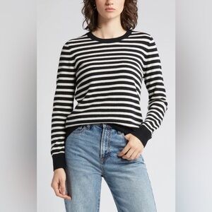 Nordstrom Black and White Striped Cashmere Crewneck Sweater, Large